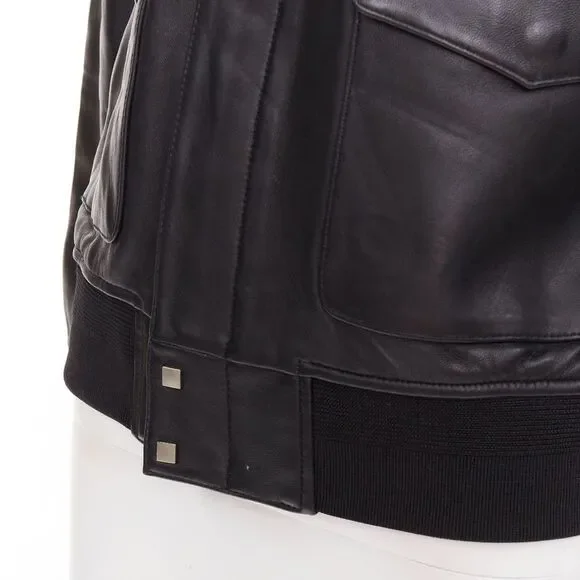 SAINT LAURENT 2020 black sheepskin leather pocketed flight jacket L - Picture 8 of 10